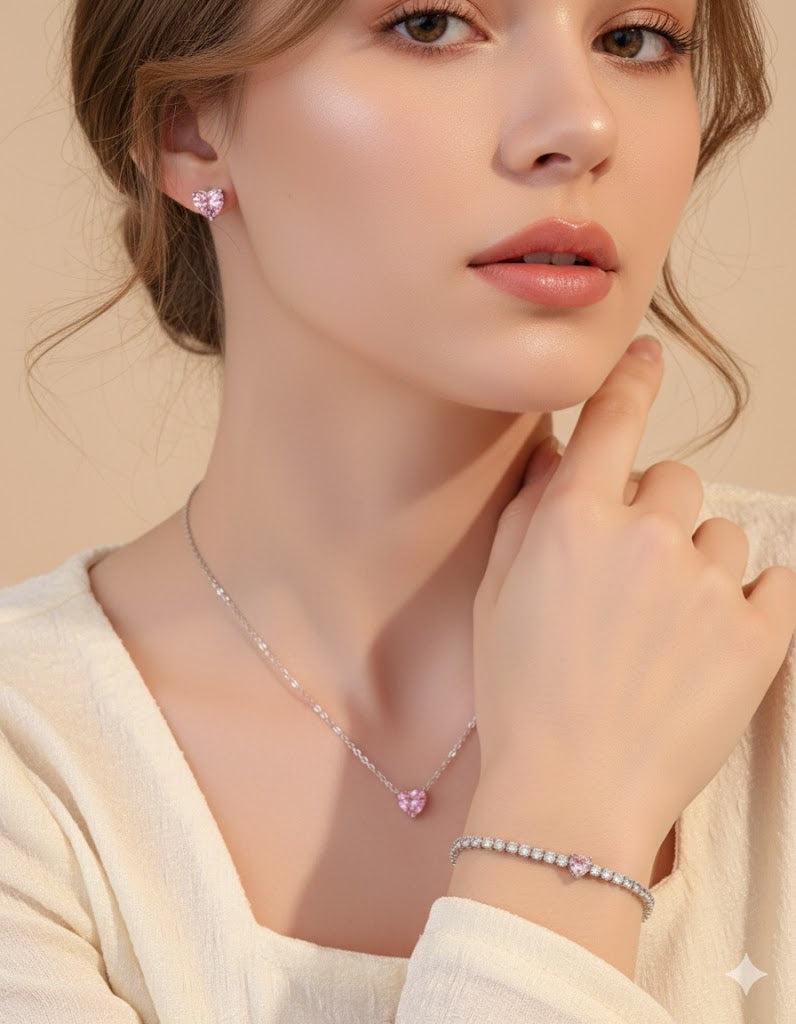 Set Pink Heart - colier ,bratara ,cercei - Argint 925 marime universala