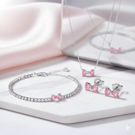 Set Pink Bow - colier ,bratara ,cercei - Argint 925