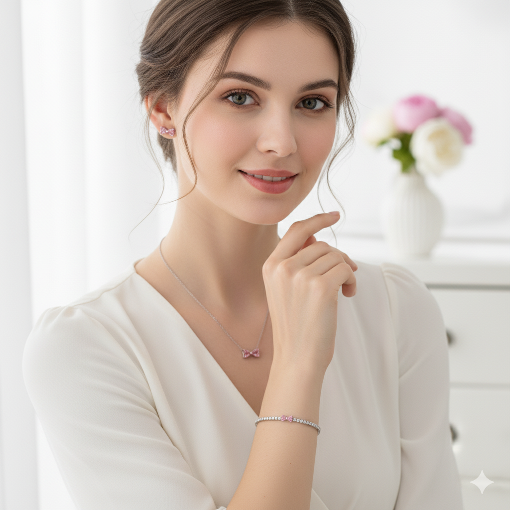 Set Pink Bow - colier ,bratara ,cercei - Argint 925