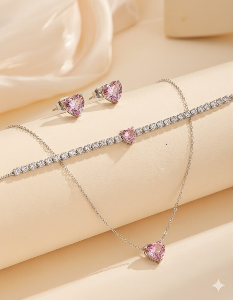 Set Pink Heart - colier ,bratara ,cercei - Argint 925 marime universala