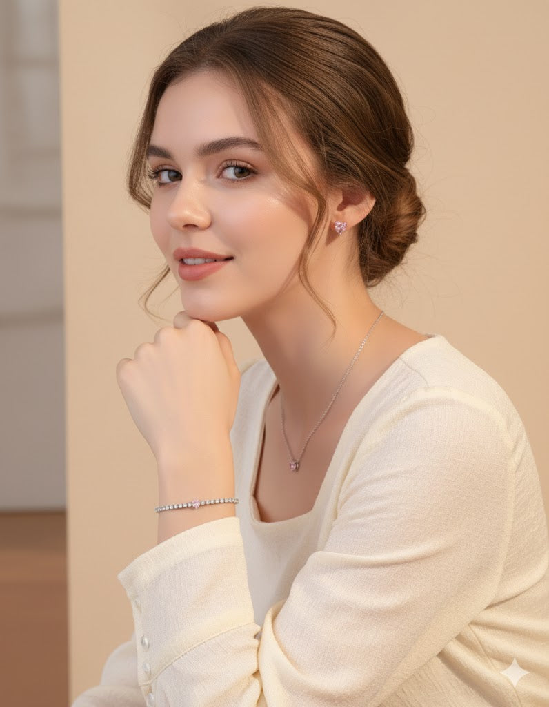 Set Pink Heart - colier ,bratara ,cercei - Argint 925 marime universala